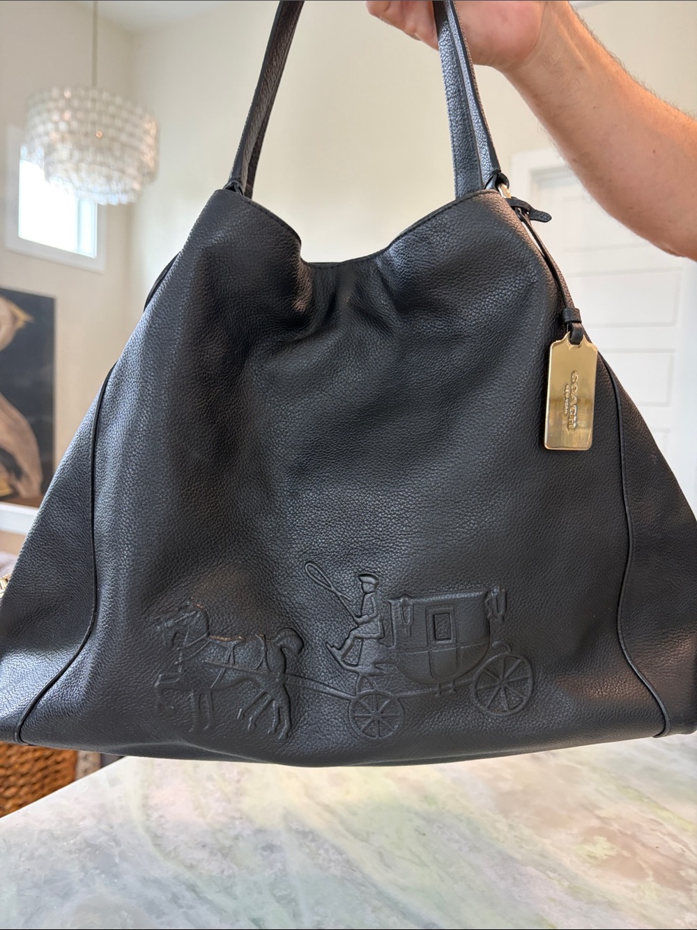 Coach Black Pebbled Leather Hobo with Embossed Carriage